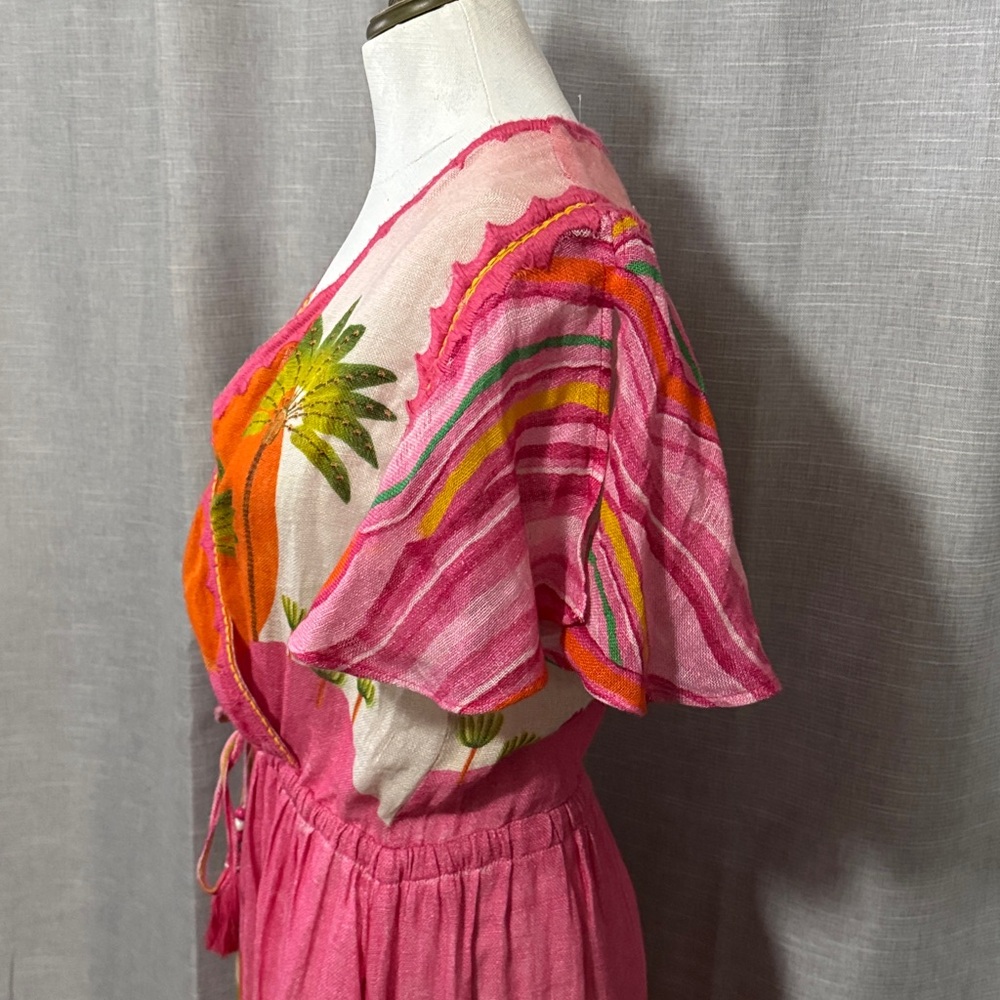 Pin-Up Stars Linen Maxi Dress-Sz S-Flutter Sleeve-Pink/Orange/Green-Sexy V Neck - Picture 10 of 17
